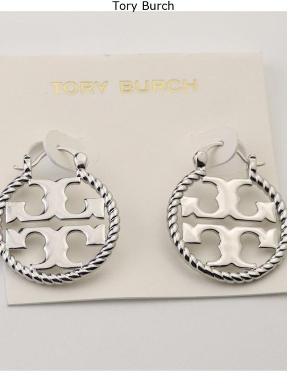 Tory Burch Silver Logo Rope-Edge Hoop Earrings